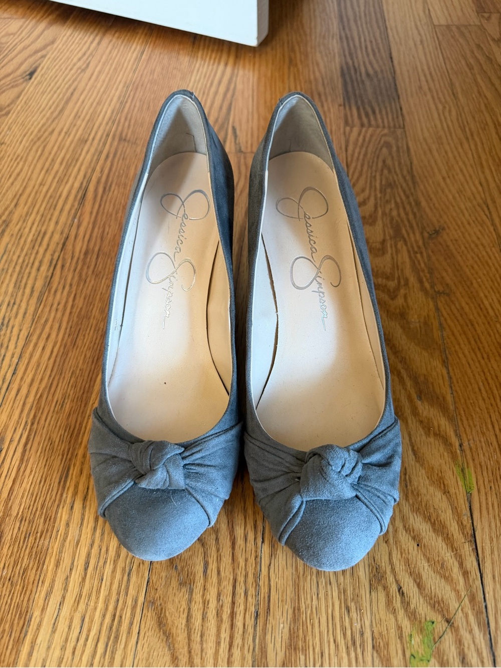 Jessica Simpson Gray Suede Bow Wedge Pumps Block Heel Shoes - Size 8